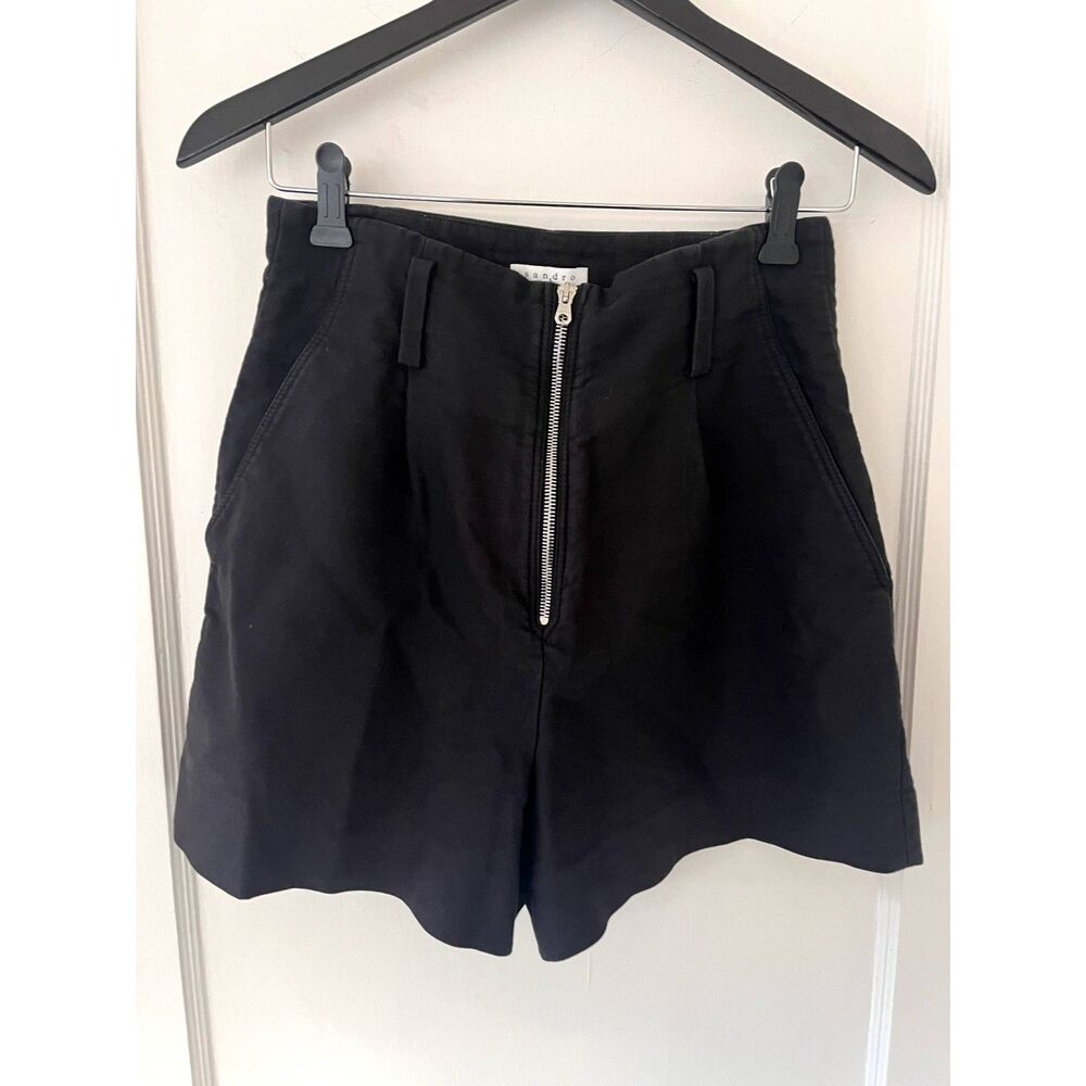 Womens Sandro Paris Gesse Black Cotton Zip Up Shorts High Waisted Size 36